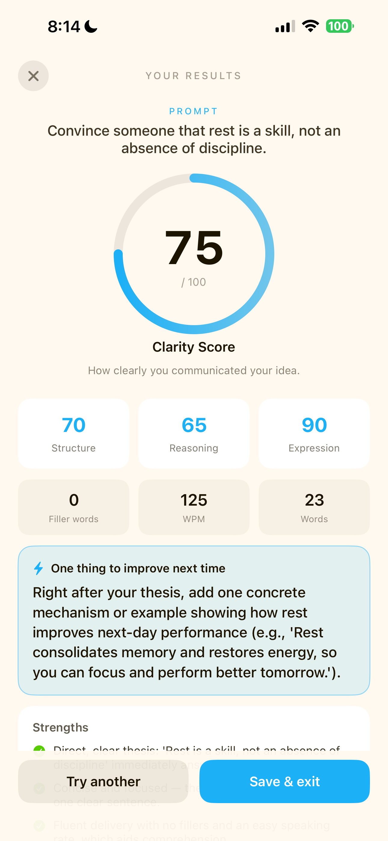 Rusty clarity score results screen
